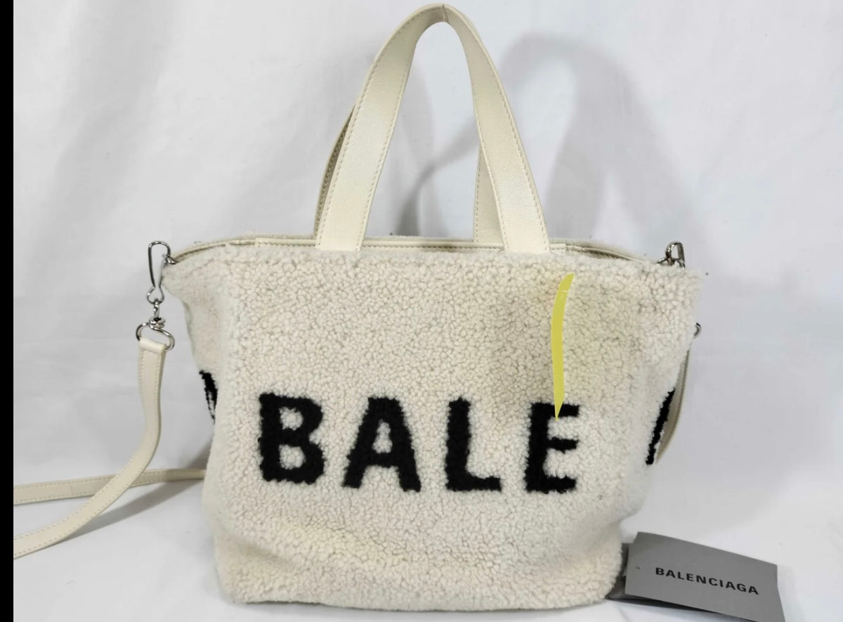 Balenciaga Cream Shearling Crossbody Tote with Black Lettering
