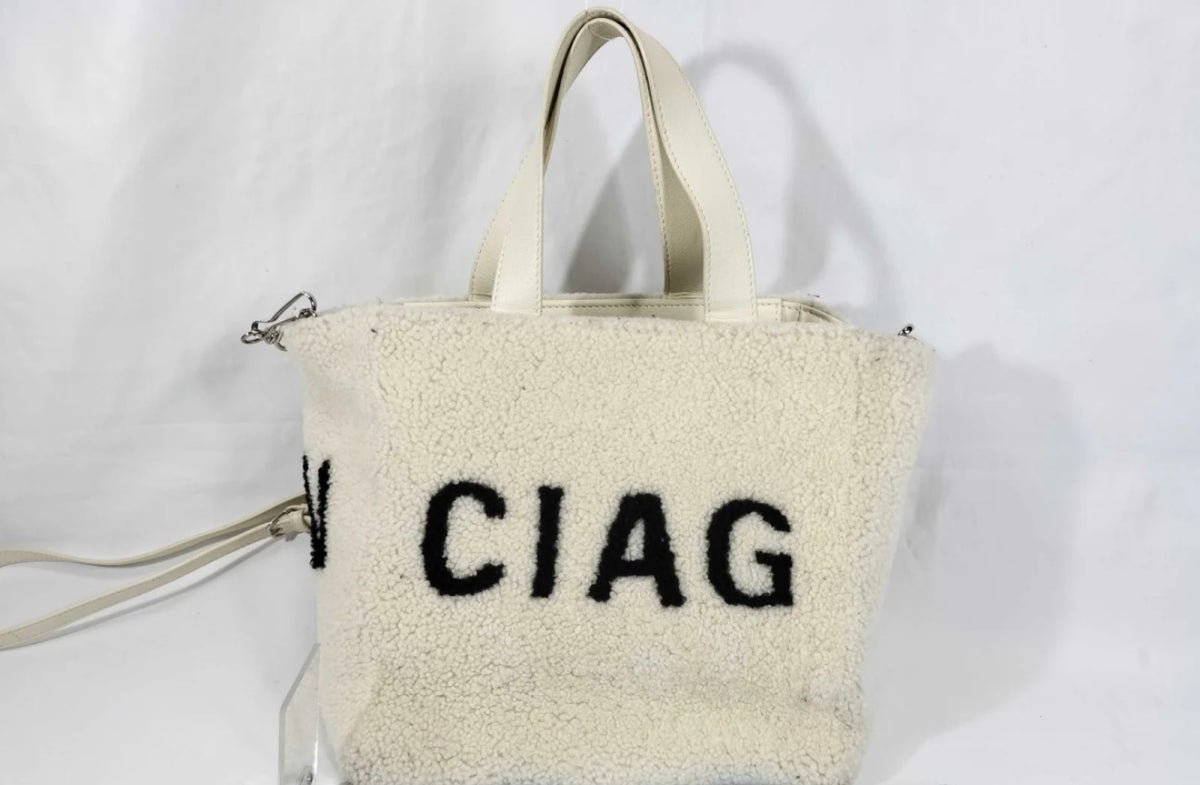 Balenciaga Cream Shearling Crossbody Tote with Black Lettering