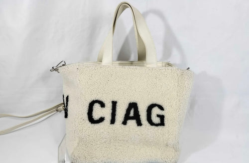 Balenciaga Cream Shearling Crossbody Tote with Black Lettering