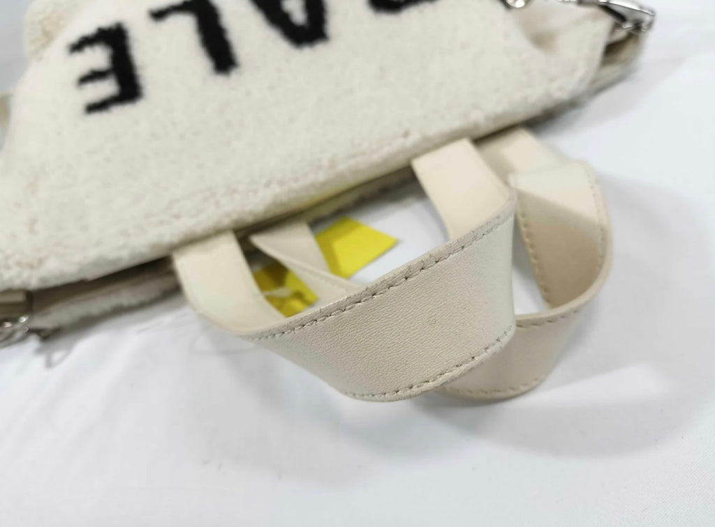 Balenciaga Cream Shearling Crossbody Tote with Black Lettering