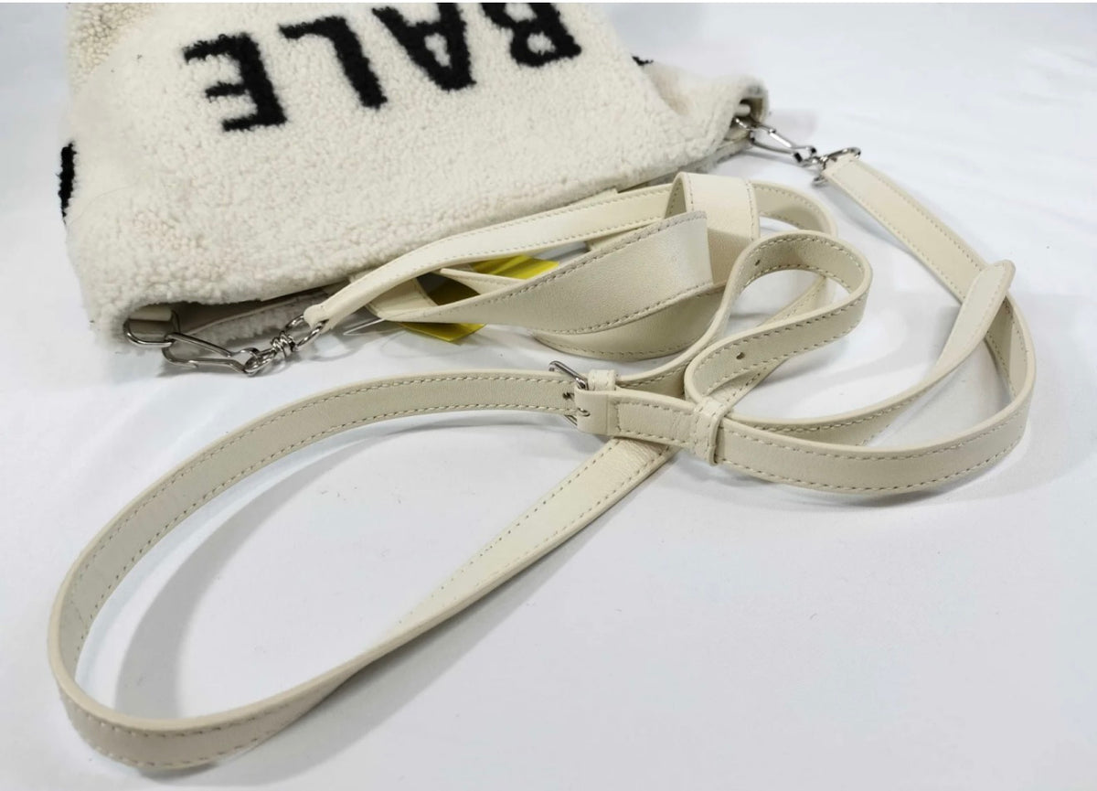 Balenciaga Cream Shearling Crossbody Tote with Black Lettering