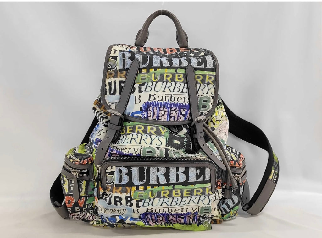 Burberry Multicolor Graffiti Logo Canvas Backpack with Gray Leather Trim