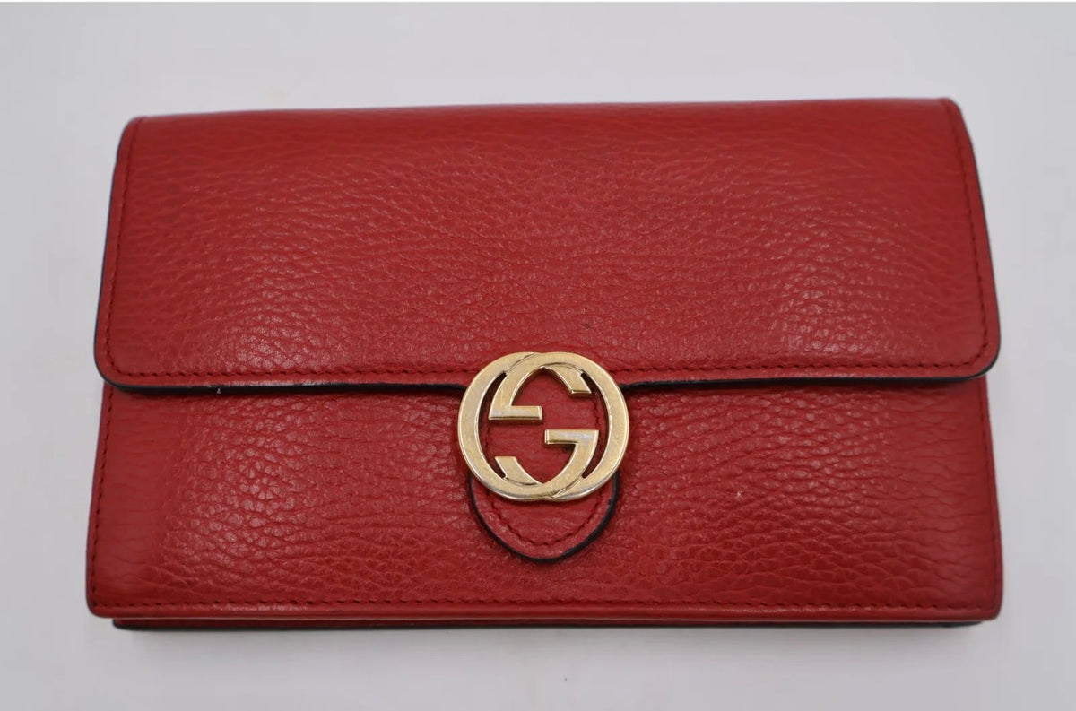 Gucci Red Leather Continental Wallet on Chain with Gold Double G Logo