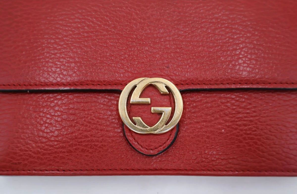 Gucci Red Leather Continental Wallet on Chain with Gold Double G Logo