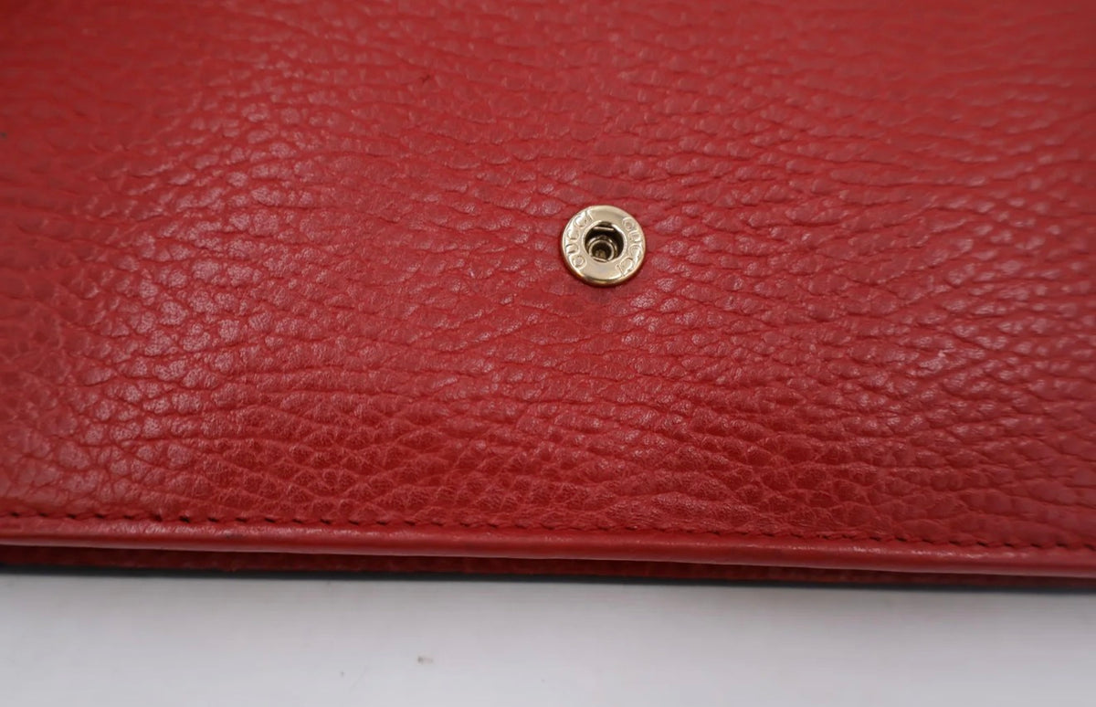 Gucci Red Leather Continental Wallet on Chain with Gold Double G Logo