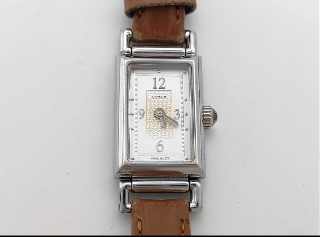Vintage Coach Rectangular Silver-Tone Watch with Tan Leather Strap
