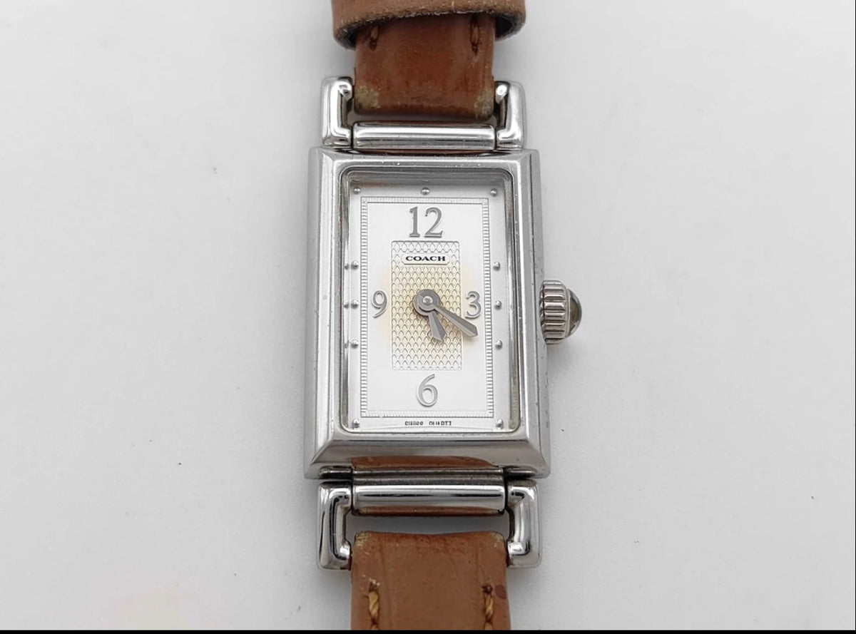 Vintage Coach Rectangular Silver-Tone Watch with Tan Leather Strap