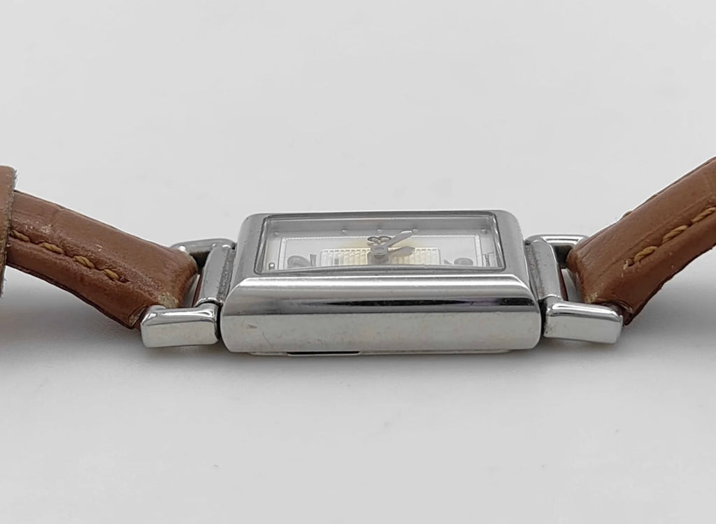 Vintage Coach Rectangular Silver-Tone Watch with Tan Leather Strap
