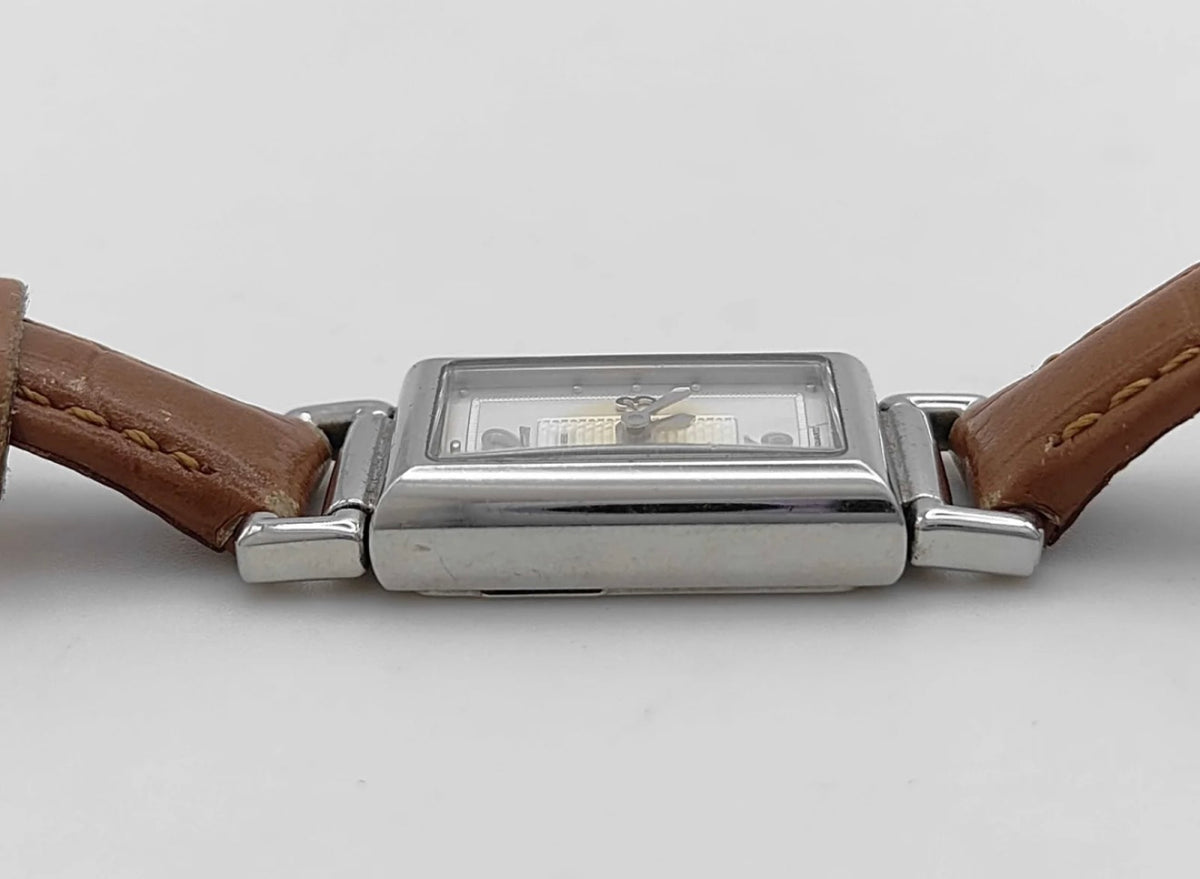 Vintage Coach Rectangular Silver-Tone Watch with Tan Leather Strap