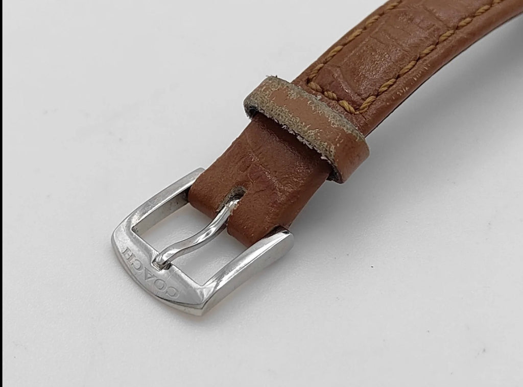 Vintage Coach Rectangular Silver-Tone Watch with Tan Leather Strap