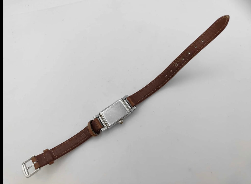 Vintage Coach Rectangular Silver-Tone Watch with Tan Leather Strap