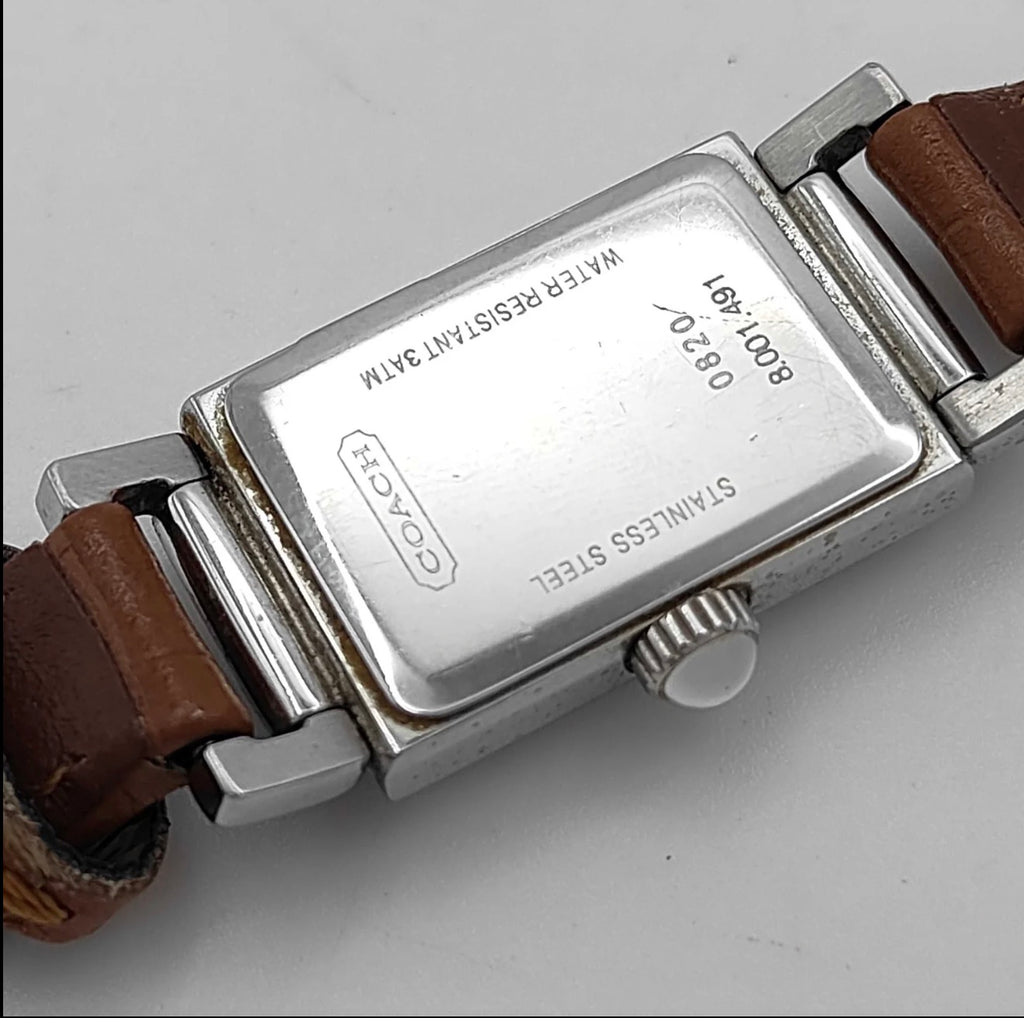 Vintage Coach Rectangular Silver-Tone Watch with Tan Leather Strap