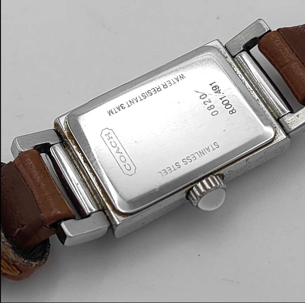 Vintage Coach Rectangular Silver-Tone Watch with Tan Leather Strap